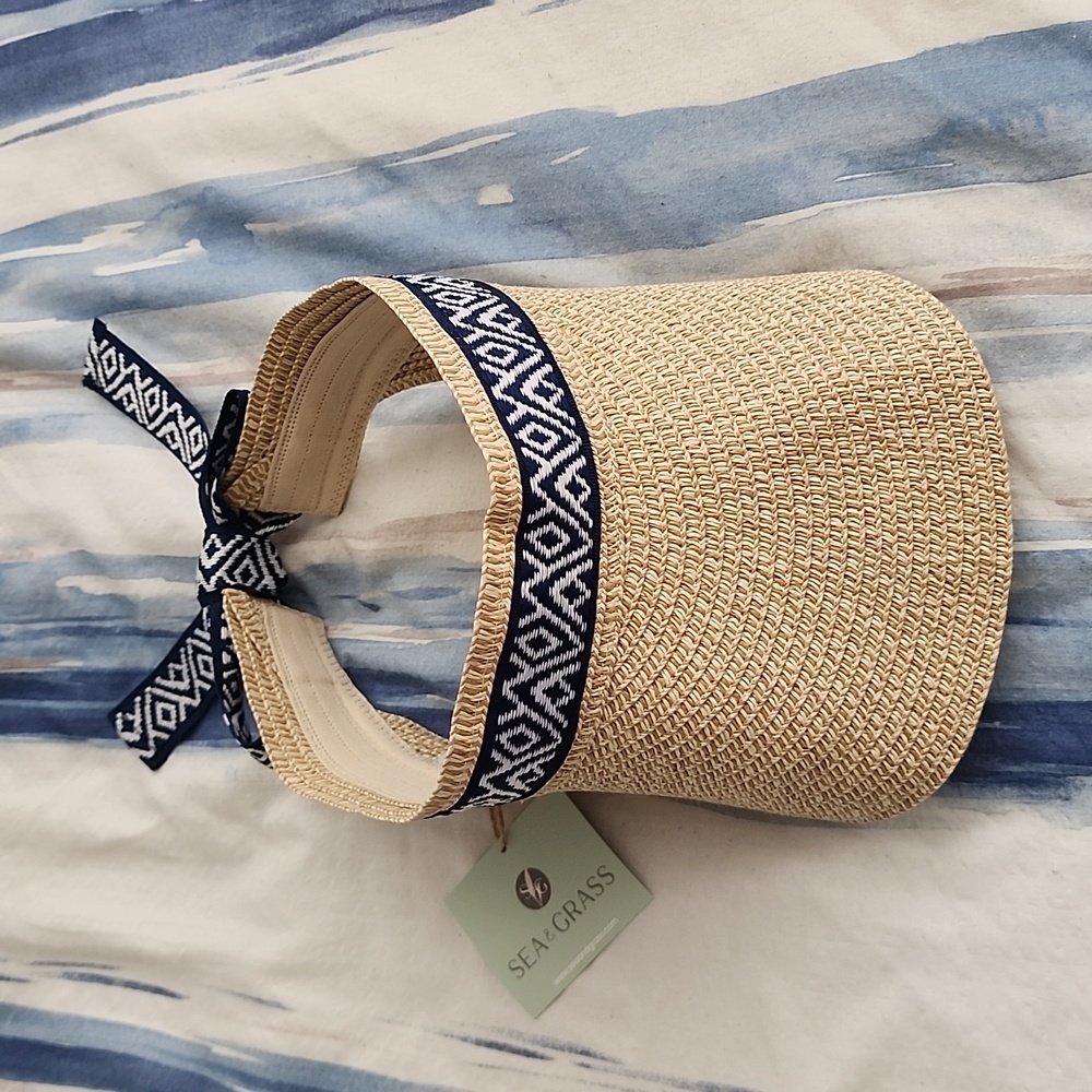 Sea & Grass Straw Sun Visor With Ribbon NWT